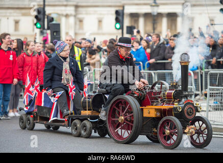 Westminster, London, UK. 1 January 2019. The annual London New Years Day Parade takes place on a route from Piccadilly to Parliament Square, watched by thousands. This years theme is London Welcomes The World. Image: Miniature Steamers for Charity UK. Credit: Malcolm Park/Alamy Live News. Stock Photo