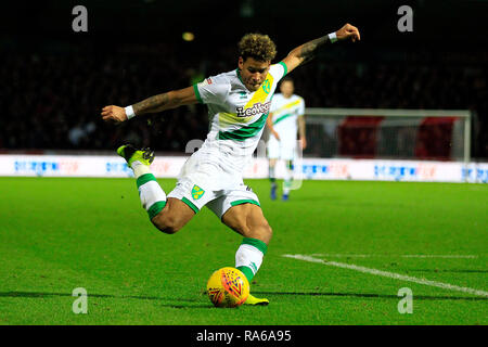 London, UK. 01st Jan, 2019. Onel Hernandez of Norwich City in action. EFL Skybet championship match, Brentford v Norwich City at Griffin Park on New Years Day, Tuesday 1st January 2019 . this image may only be used for Editorial purposes. Editorial use only, license required for commercial use. No use in betting, games or a single club/league/player publications. pic by Steffan Bowen/Andrew Orchard sports photography/Alamy Live news Credit: Andrew Orchard sports photography/Alamy Live News Stock Photo