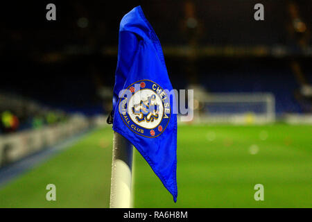 London, UK. 2nd Jan, 2019. a General view inside the empty stadium and Chelsea corner flag ahead of tonight's game. Premier League match, Chelsea v Southampton at Stamford Bridge in London on Wednesday 2nd January 2019. this image may only be used for Editorial purposes. Editorial use only, license required for commercial use. No use in betting, games or a single club/league/player publications. Credit: Steffan Bowen/ Credit: Andrew Orchard sports photography/Alamy Live News Stock Photo