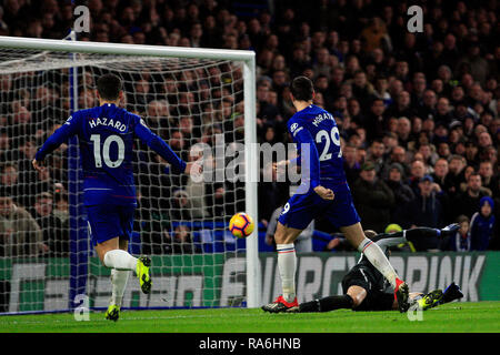 London, UK. 02nd Jan, 2019. Alvaro Morata of Chelsea (29) scores his team's first goal but it is disallowed and is ruled out for offside. Premier League match, Chelsea v Southampton at Stamford Bridge in London on Wednesday 2nd January 2019. this image may only be used for Editorial purposes. Editorial use only, license required for commercial use. No use in betting, games or a single club/league/player publications. pic by Steffan Bowen/ Credit: Andrew Orchard sports photography/Alamy Live News Stock Photo