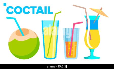 Coctail Icons Set Vector. Summer Alcoholic Drink. Holiday Beach Party Menu. Isolated Flat Cartoon Illustration Stock Vector