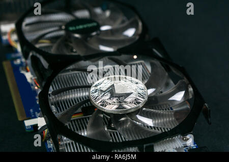 Monero coin on GPU, Cryptocurrency Mining Using Graphic Cards Stock Photo