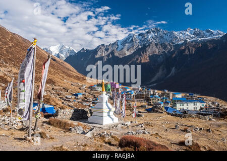 The village of Kjanjin Gompa at the head of the Langtang Valley in the Nepal Himalayas Stock Photo