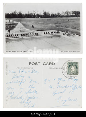 Postcard sent from Butlin’s Mosney Holiday Camp, Ireland to Edna and Stan Fripp, 14 Undercliffe Road, Liverpool in the 1950s Stock Photo