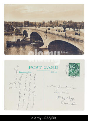 Postcard front and back of Kew Bridge in 1912 sent to Sea View, Baycliff, Ulverston Stock Photo
