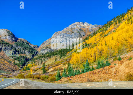 Autumn color and Aspen Trees along the Million Dollar Highway, US 550, in Colorado. Stock Photo