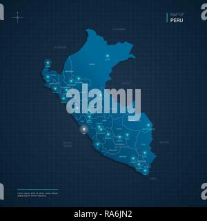 Vector Peru map illustration with blue neon lightpoints - triangle on dark blue gradient background. Stock Vector