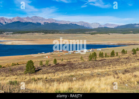 Taylor Park Reservoir lake along Colorado Gunnison County Road 765 in rural Colorado. Water levels low due to drought. Stock Photo