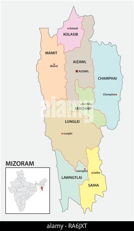 administrative and political map of indian state of Mizoram, india Stock Vector