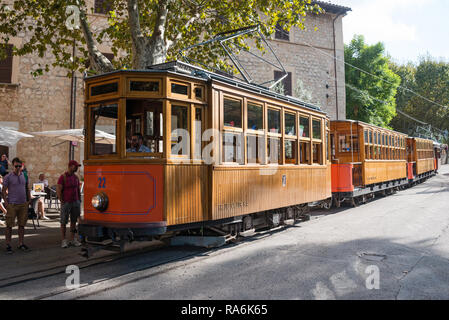 SOLLER, MALLORCA, SPAIN - OCT 1: The old electric tram running between Soller and the downtown of Port de Soller on October 1, 2016 in Soller, Mallorc Stock Photo