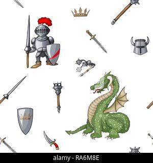 Medieval hand drawn seamless pattern armored knights warrior weapons background Stock Vector