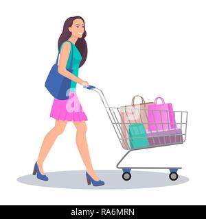 Beautiful young woman with shopping cart full of packages with purchases. Happy smiling woman do shopping. Vector illustration in flat style, isolated Stock Vector