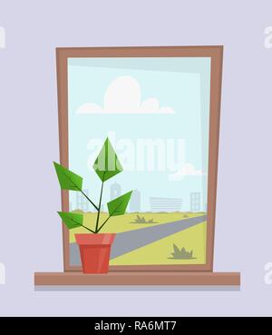 Window with house plant in pot on the windowsill. City landscape outside the window. Cute cartoon vector illustration in flat style Stock Vector