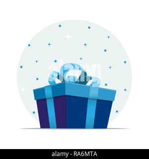 Beautiful cartoon gift box, isometric, decorated with a shiny ribbon tied with a bow on top. Cute colorful vector illustration for holiday greeting de Stock Vector