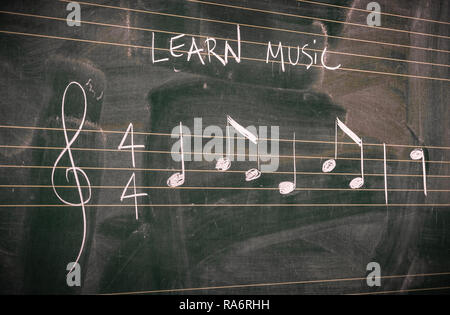 Random music notes written with white chalk on a blackboard. Learn or teach music concepts. Stock Photo
