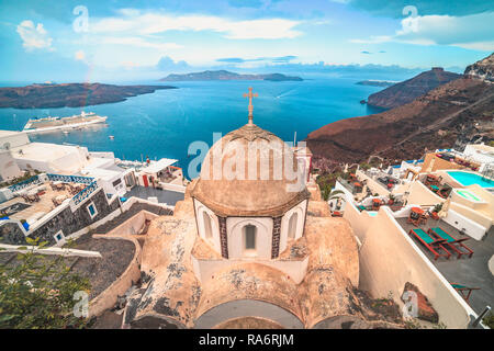 Wide travel photo of Orthodox church in Santorini, Greece Stock Photo