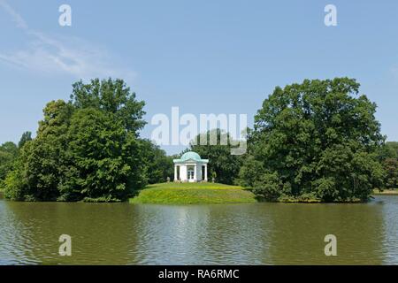 Schwaneninsel or Swan Island with a temple, Staatspark Karlsaue Park, Kassel, Hesse, Germany Stock Photo
