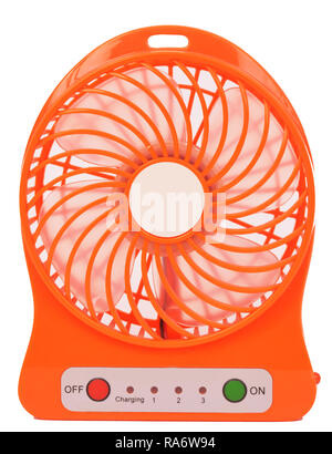 Orange mini fan, Portable fan USB on white background Stock Photo