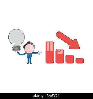 Vector illustration concept of businessman character holding light bulb and showing sales bar graph moving down. Color and black outlines. Stock Vector