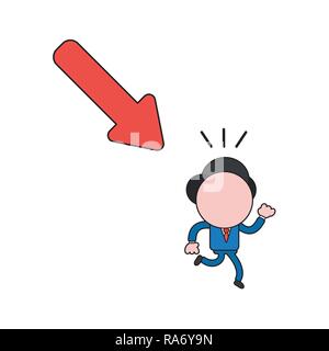 Vector illustration concept of businessman character running away from arrow moving down. Color and black outlines. Stock Vector