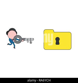 Vector illustration concept of businessman character running and carrying keyhole to lock or unlock file folder. Color and black outlines. Stock Vector