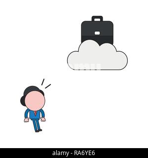 Vector illustration concept of businessman character looking briefcase on cloud. Color and black outlines. Stock Vector