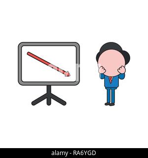 Vector illustration concept of businessman character with sales chart arrow moving down. Color and black outlines. Stock Vector