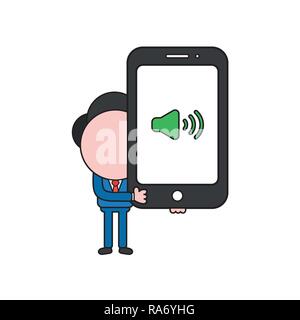 Vector illustration concept of businessman character holding smartphone with sound symbol. Color and black outlines. Stock Vector