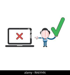 Vector illustration concept of businessman character holding check mark and pointing x mark inside laptop computer. Color and black outlines. Stock Vector