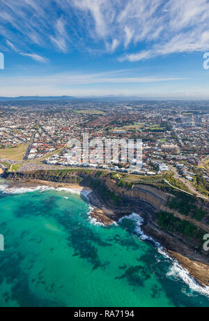 Aerial view of Cooks Hill and Bar Beach in Newcastle New South Wales Australia featuring susan gilmore beach below the cliffs. Beach side suburbs such Stock Photo