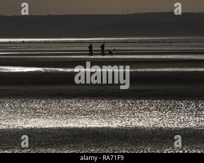 Two Dog-walkers on the beach at Allonby Bay, Solway Firth AONB, Cumbria, England, United Kingdom Stock Photo