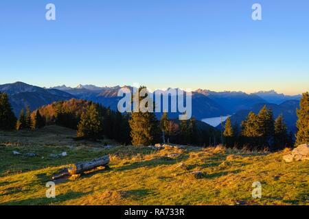 Sunrise on the high alp near Lenggries, view to the Karwendel Mountains and Zugspitze, Isarwinkel, Upper Bavaria, Bavaria Stock Photo