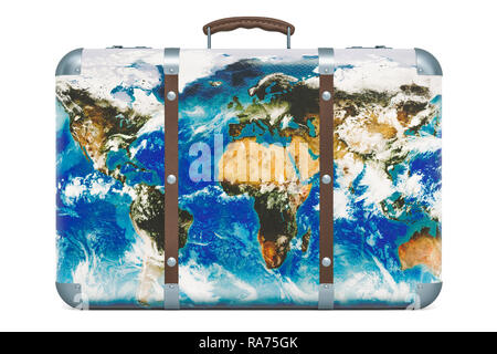 Suitcase with Earth map texture. Travel concept, 3D rendering isolated on white background Stock Photo