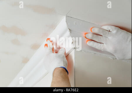 Installation of ceiling moldings. Worker fixes the plastic molding to the ceiling. Stock Photo