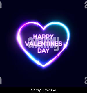 Happy Valentines Day text in heart shaped neon sign. Bright greeting card design on dark blue night background. Decorative electric led light lamp banner. Color vector illustration in retro 80s style. Stock Vector