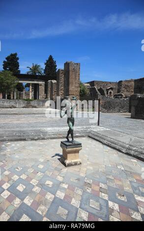 House of Faun, a bronze statue of the dancing forest god Faun in front of it, Pompeii, Campania, Italy, Europe Stock Photo