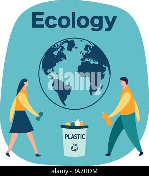 men and woman collect plastic bottles in the trash, waste recycling concept, cartoon vector illustration isolated on white background Stock Vector