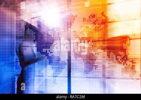 Double exposure world map. Global business and financial market concept. Stock Photo