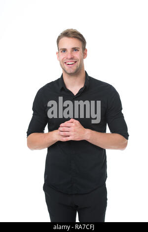 Reasons black is the only color worth wearing. Man elegant manager wear black formal outfit on white background. Elegance in simplicity. Rules for wearing all black clothing. Black fashion trend. Stock Photo