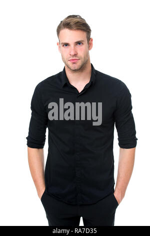 Elegance in simplicity. Rules for wearing all black clothing. Black fashion trend. Reasons black is the only color worth wearing. Man elegant manager wear black formal outfit on white background. Stock Photo