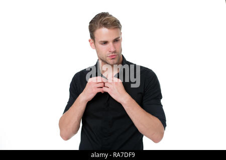 Black fashion trend. Reasons black is the only color worth wearing. Man elegant manager wear black formal outfit on white background. Elegance in simplicity. Rules for wearing all black clothing. Stock Photo