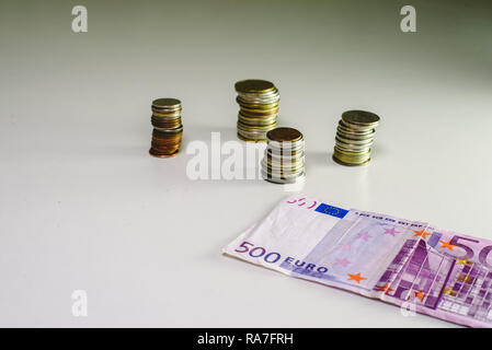 500 euro bills and coins obtained in corruption business. Stock Photo