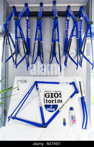 A display of several Gios Torino steel bicycle frames on a wall at