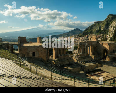 View from the Theatre in Taormina towards Mount Etna, Province of Messina, Sicily, Italy Stock Photo