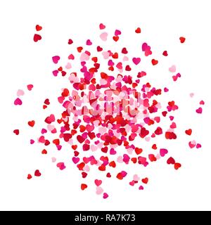 Red and pink scatter paper hearts confetti isolated on white background. Romantic holiday decorative element. Vector illustration Stock Vector