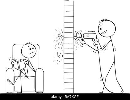 Cartoon of Man Using Power Drill and Doing Hole in Wall, But Going Through in to Another Apartment Stock Vector