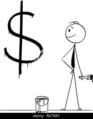 Cartoon of Businessman With Paint Can and Brush and Dollar Symbol Painted on Wall Stock Vector