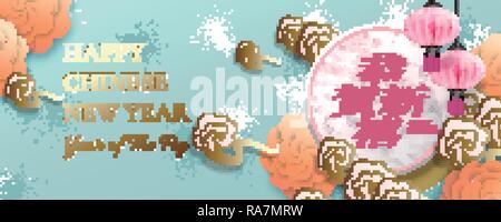 Lunar year design with pink and white peony flowers, Happy new year written in Chinese characters on marble stone texture Stock Vector