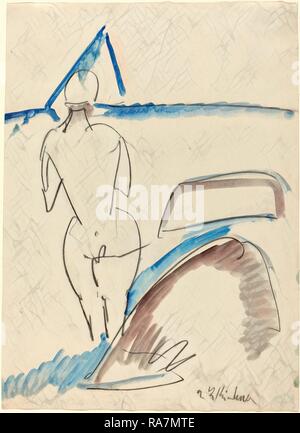 Ernst Ludwig Kirchner, Bather on the Beach, German, 1880-1938, 1912-1913, black crayon with blue and gray wash reimagined Stock Photo