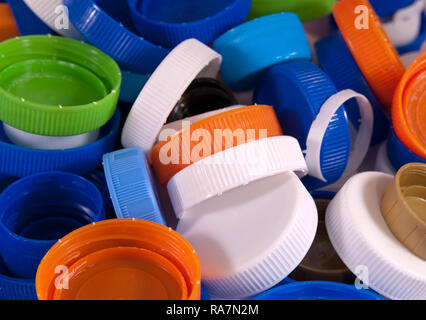 Plastic bottle caps as a background. Close up image Stock Photo
